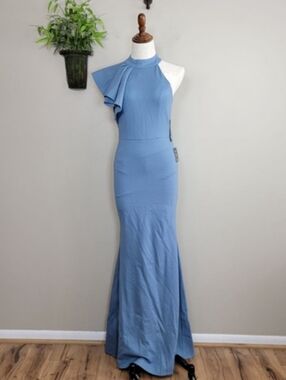 NEW Lulu's Margaux Maxi One Shoulder Dress Ruffle Mock Neck Mermaid Slate Blue S